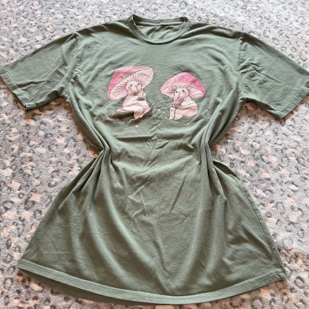 Fairydrop Mycena Mushrooms with Boba Tea Green Graphic T-Shirt